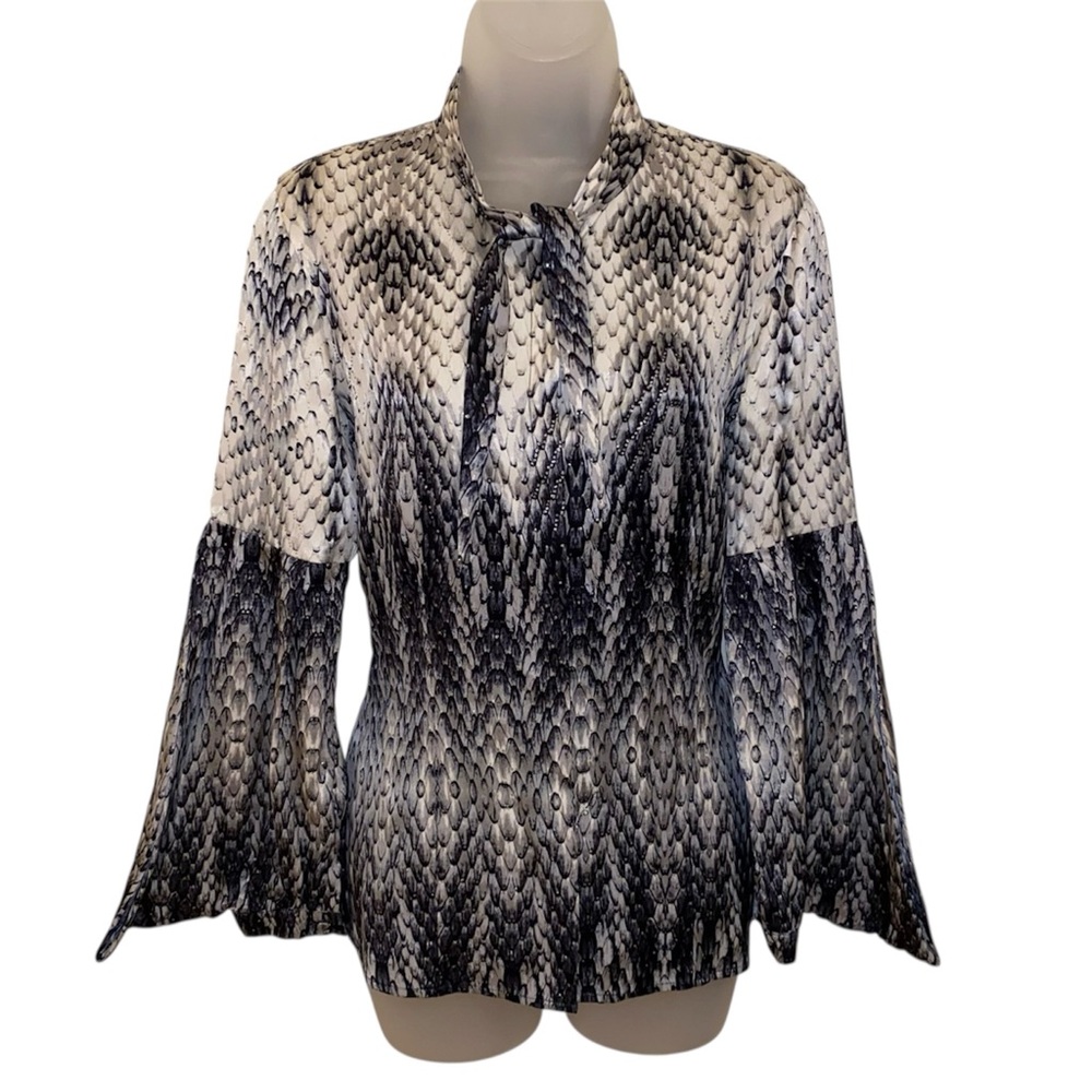 Roberto Cavalli White and Gray Pleated Blouse with Bell Sleeves